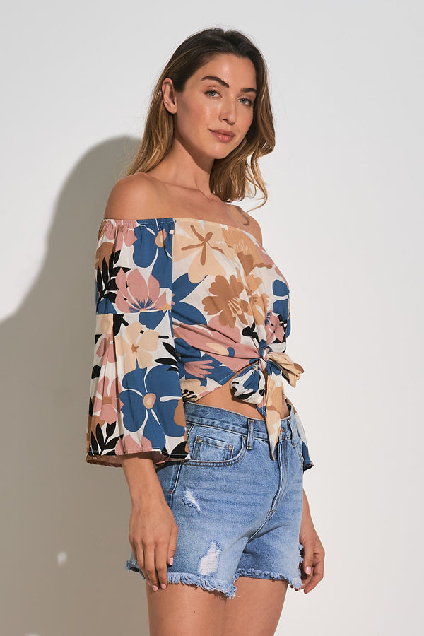 Tie Front Off Shoulder Printed Top Blue Polynesia
