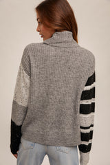 Stripe Detailed Sleeves Turtleneck Sweater Grey