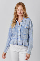 Washed Waffle Knit Ruffle Hem Cropped Jacket Blue