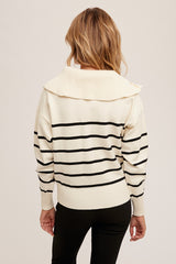 Sailor Collar Zip Stripe Pullover Snow White + Black