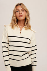 Sailor Collar Zip Stripe Pullover Snow White + Black