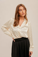 Satin Polka Dot Button Down Blouse White