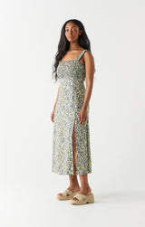 Smocked Bodice Linen Maxi Dress Navy + Mint Floral