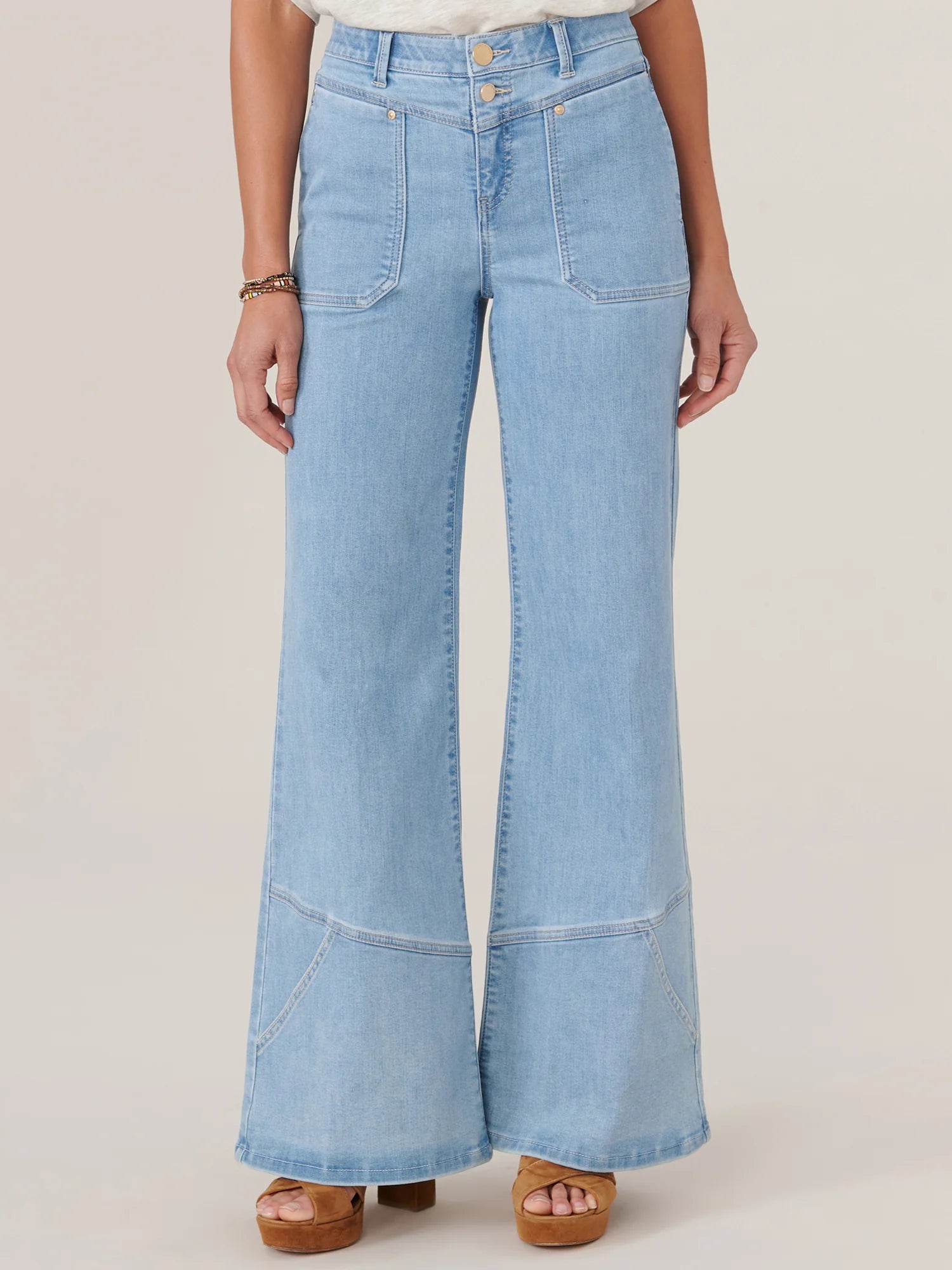 V Yoke Porkchop Pocket Angled Seam Flare Jeans Light Blue