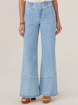 V Yoke Porkchop Pocket Angled Seam Flare Jeans Light Blue