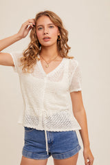 Tie Waist Front Button Pointelle Knit Top Ecru