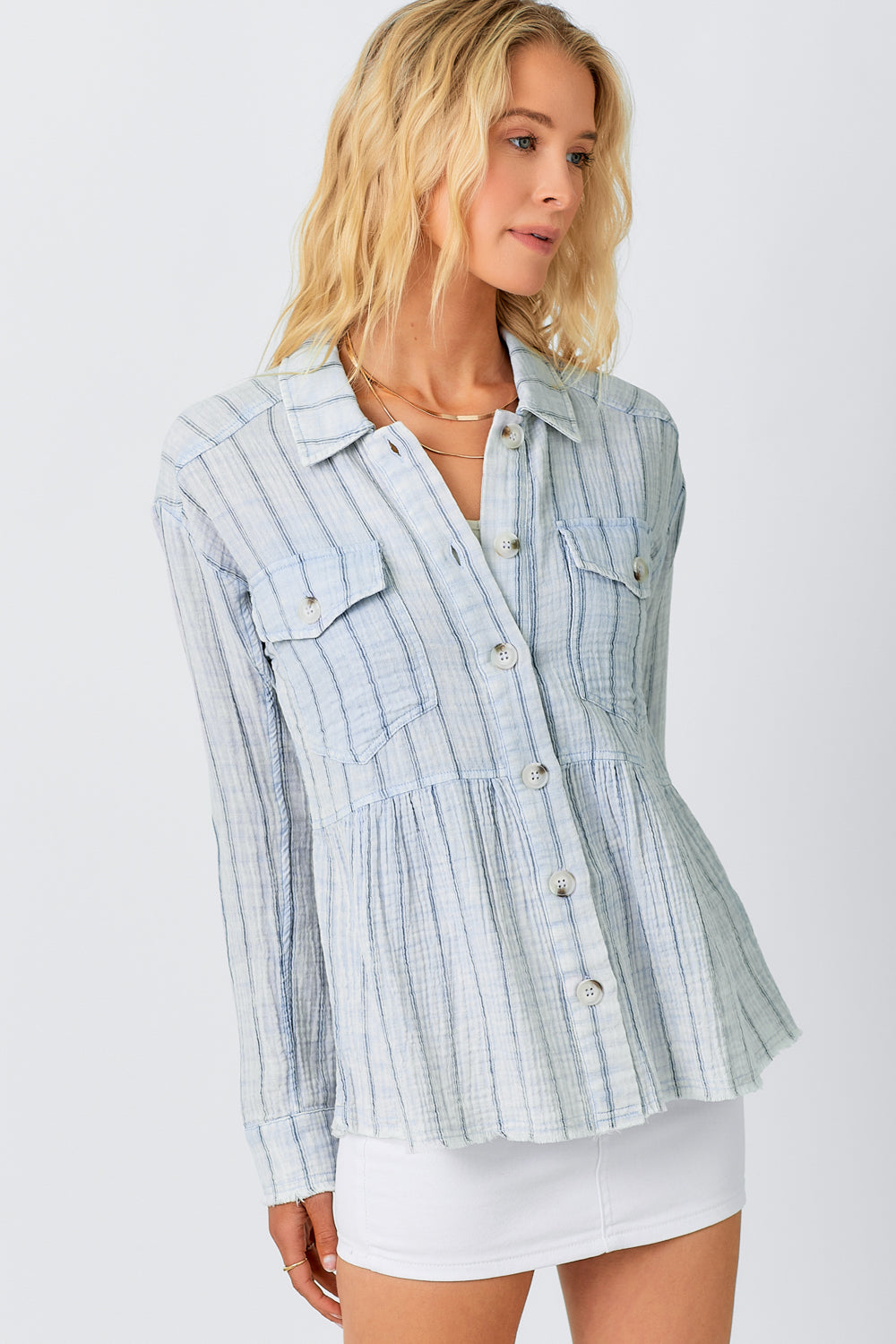 Washed Peplum Stripe Jacket Light Blue