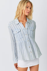 Washed Peplum Stripe Jacket Light Blue