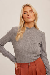 Mock Neck Ribbed Knit Top Grey