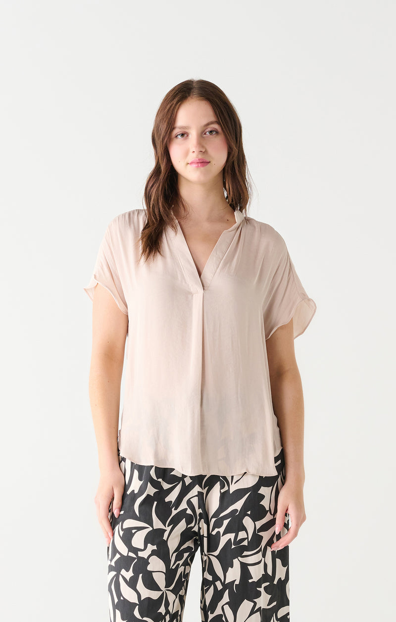 Deep V Short Sleeve Satin Top Pearl