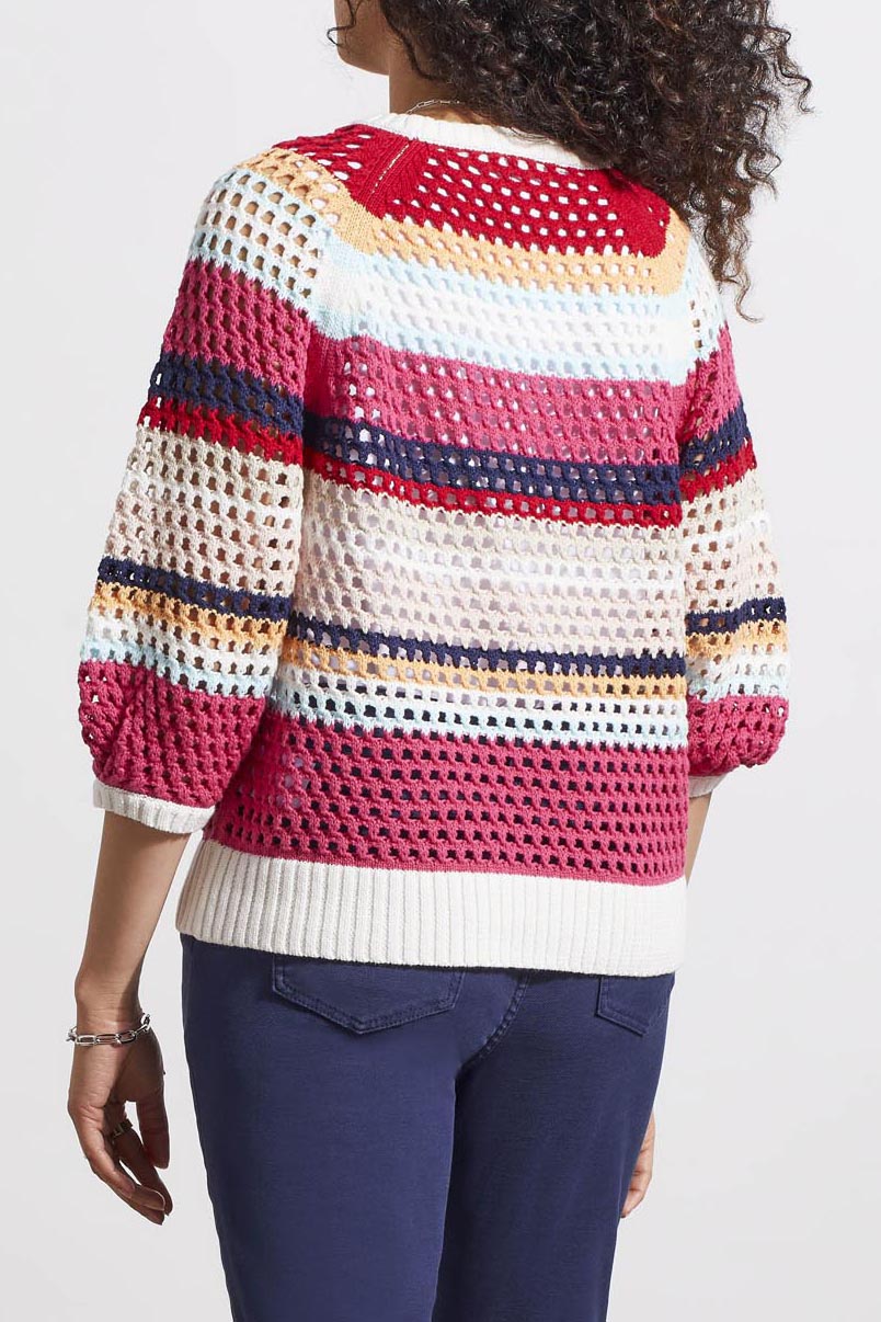 3/4 Bubble Sleeve Stripe Open Knit Sweater Poppy Red