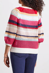 3/4 Bubble Sleeve Stripe Open Knit Sweater Poppy Red