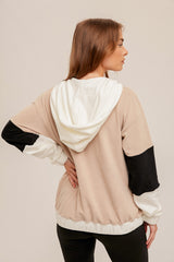 Colorblock 1/4 Zip Hoodie Ivory, Black + Taupe