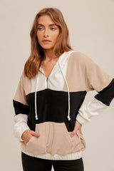 Colorblock 1/4 Zip Hoodie Ivory, Black + Taupe