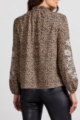 Print Ruffle Mock Neck Emb. Sleeve Blouse Cinnamon