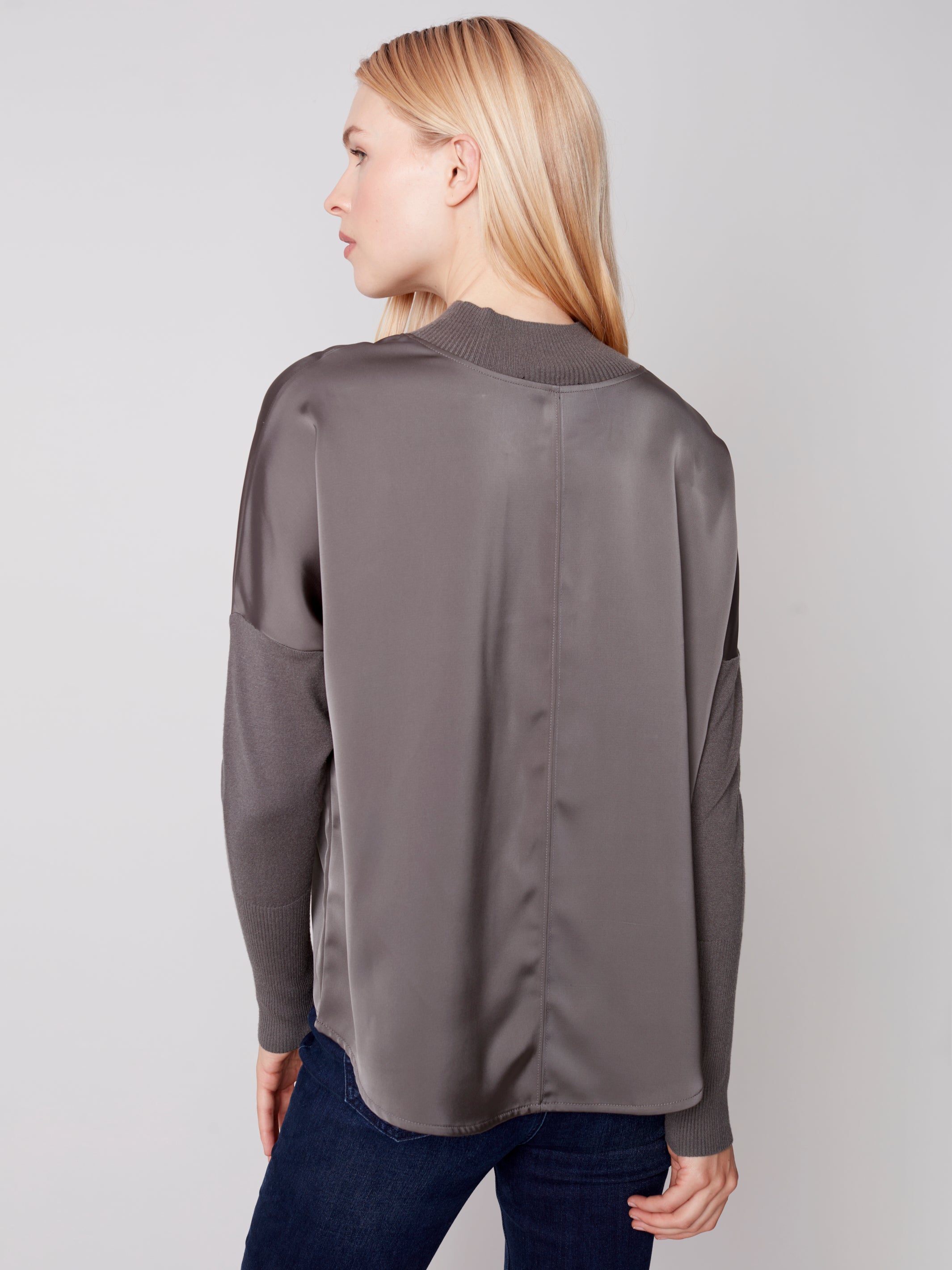Mock Neck Satin Knit Top Spruce