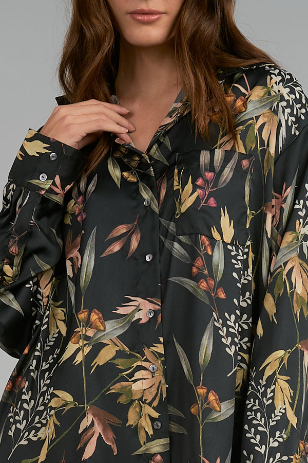 Floral Button Down Collared Shirt Black Olive Leaf