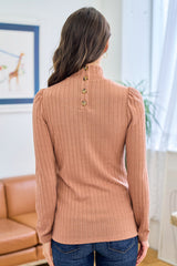 Ribbed Neck Buttoned Back Top Burnt Coffee