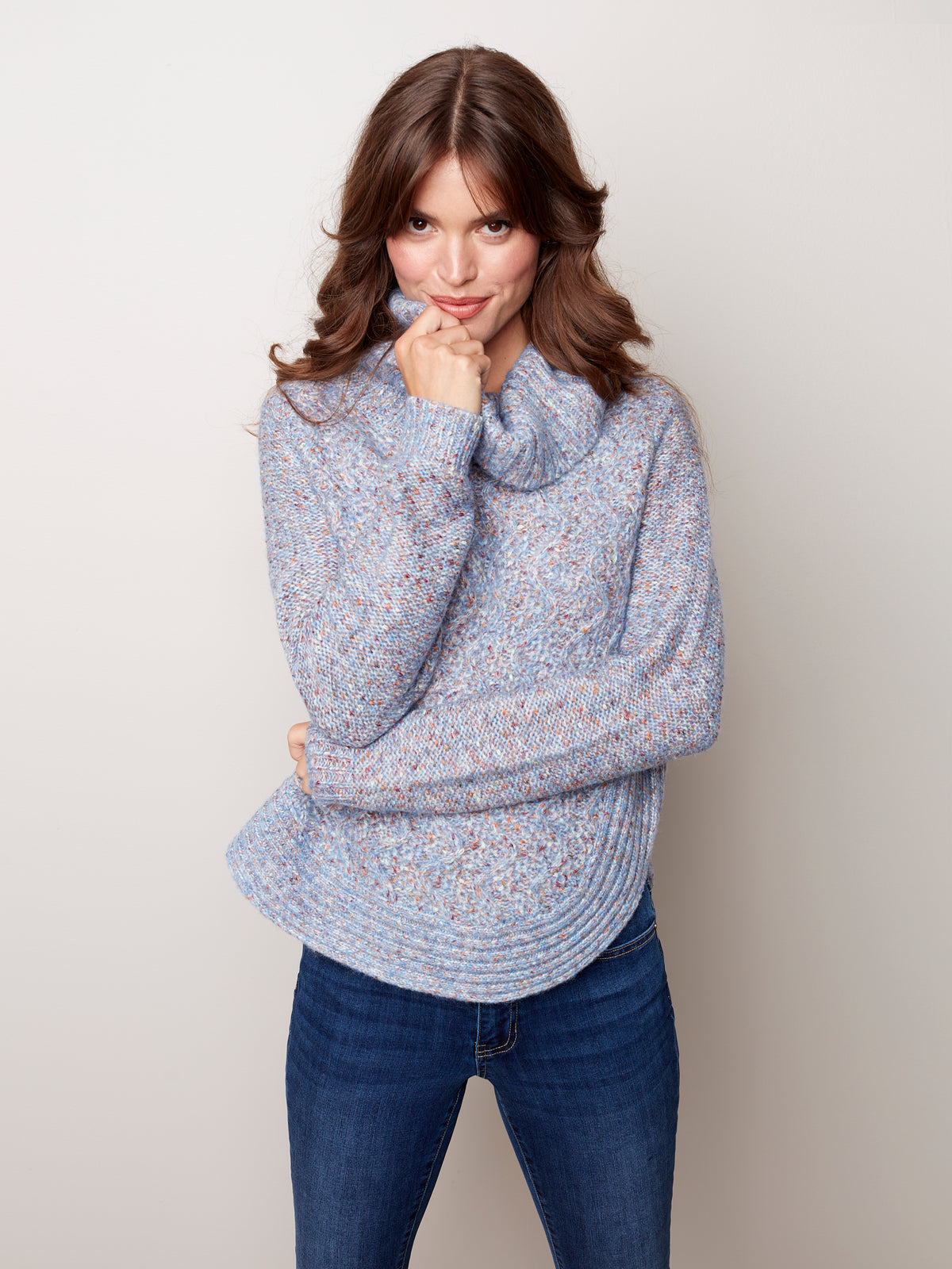 Cable Knit Round Hem Turtleneck Sweater Lilac