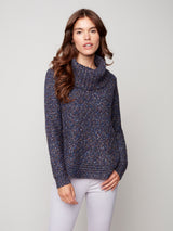 Cable Knit Round Hem Turtleneck Sweater Navy