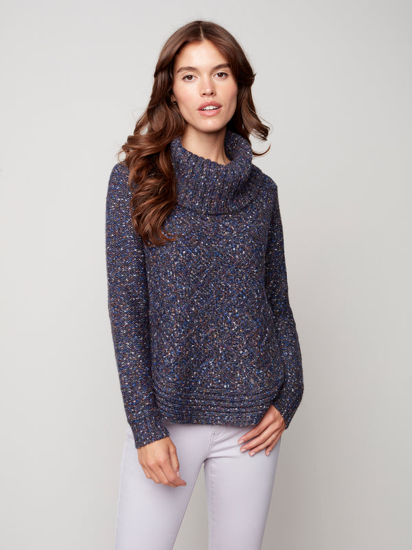 Cable Knit Round Hem Turtleneck Sweater Navy