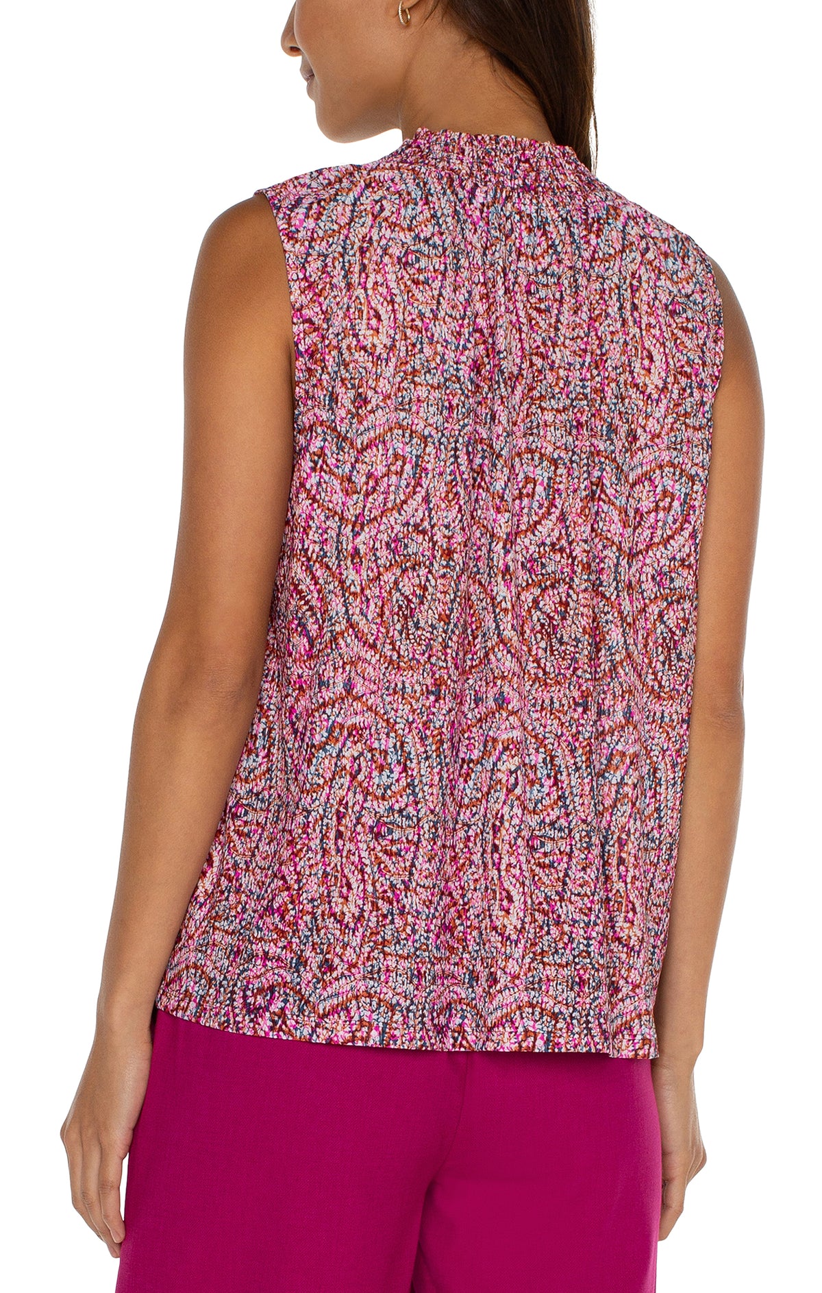 Smocked Neck Sleeveless Blouse Fuchsia Paisley Multi