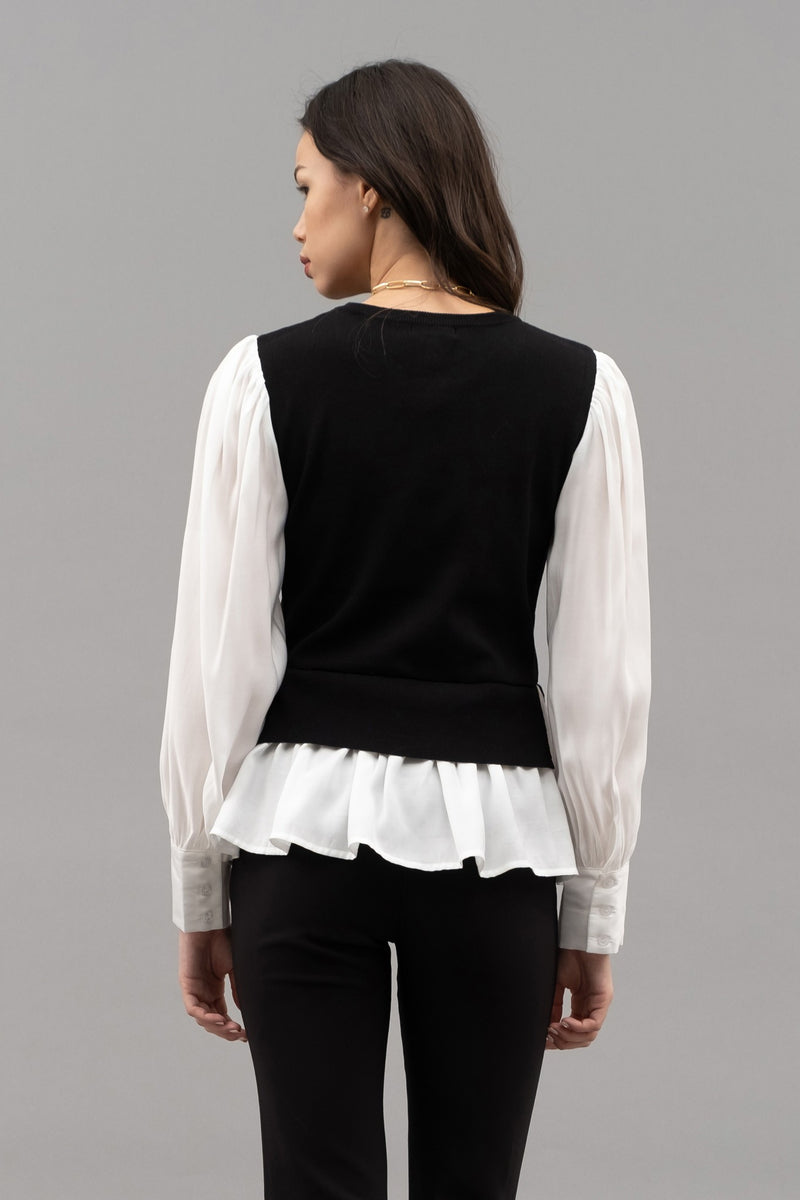 Layered Round Neck Sweater Vest Black