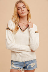 Tassel Tie Hooded Knit Sweater Ecru