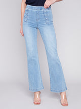 Detailed Button Waist Flare Twill Pants Light Blue