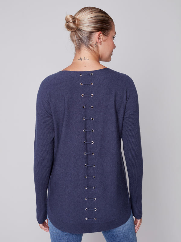 Rounded Hem Plushy Knit Back Detail Sweater Heather Denim