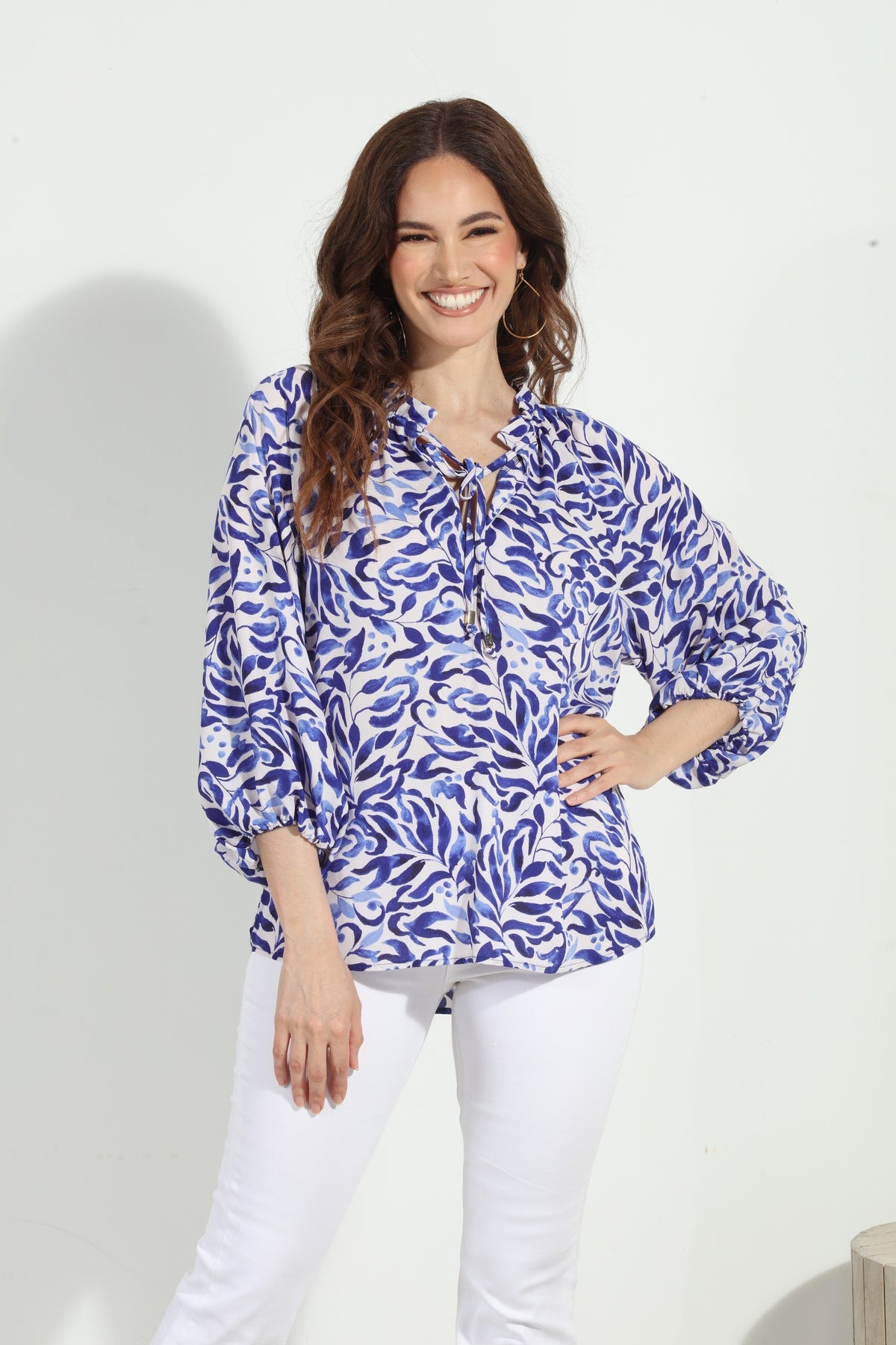 Split Neck Printed Balloon Sleeve Blouse Frederick