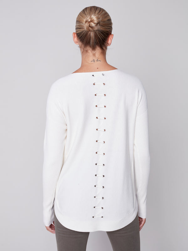 Rounded Hem Plushy Knit Back Detail Sweater Ecru