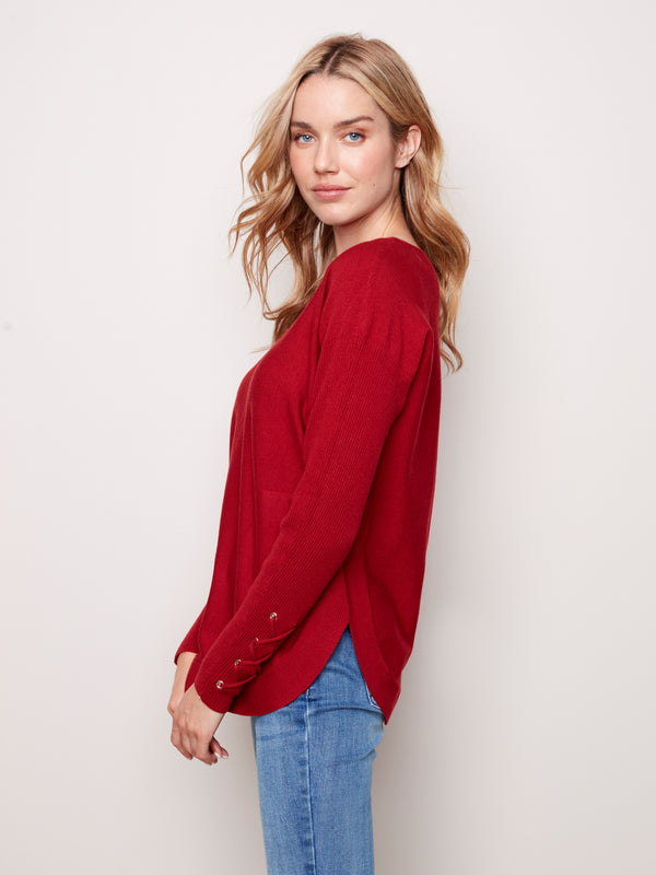 Cuff Lace Up Detail Sweater Scarlet