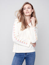 Contrast Woven Stitched Sides Sweater Ecru