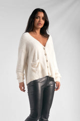 Crystal Buttoned Fuzzy Cardi Off White