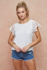 Crochet Trimmed Sleeve Detail Top Off White