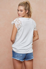 Crochet Trimmed Sleeve Detail Top Off White