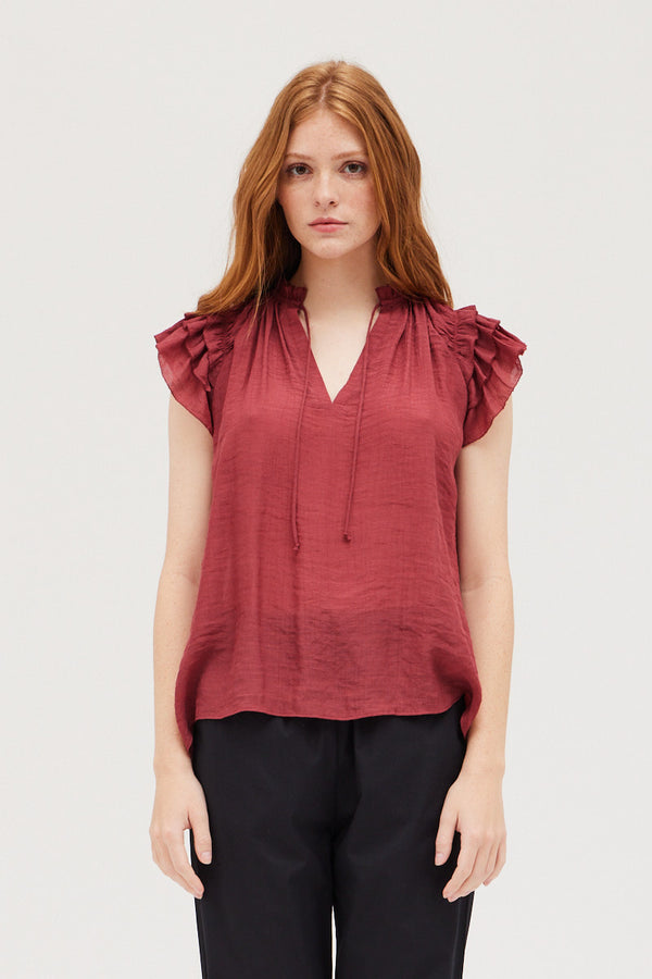Woven Ruffle Tie Neck Blouse Berry