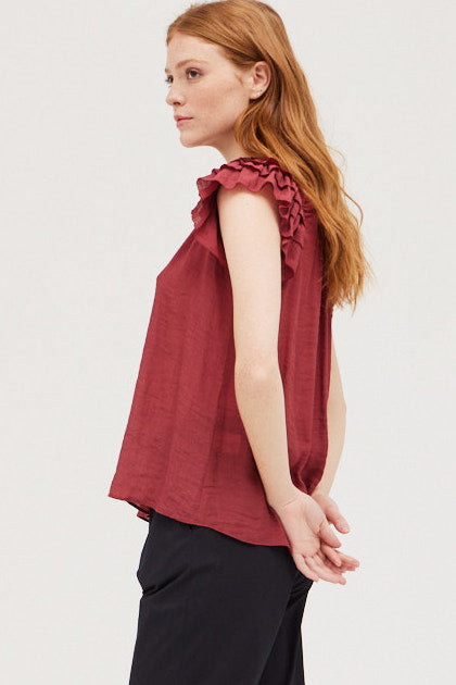 Woven Ruffle Tie Neck Blouse Berry