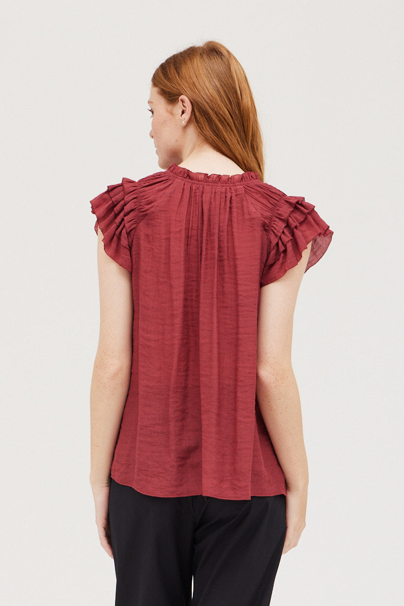 Hammered Satin Ruffle Tie Neck Blouse Berry