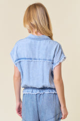 Drawstring Waist Fray Details Tencel Shirt Light Denim