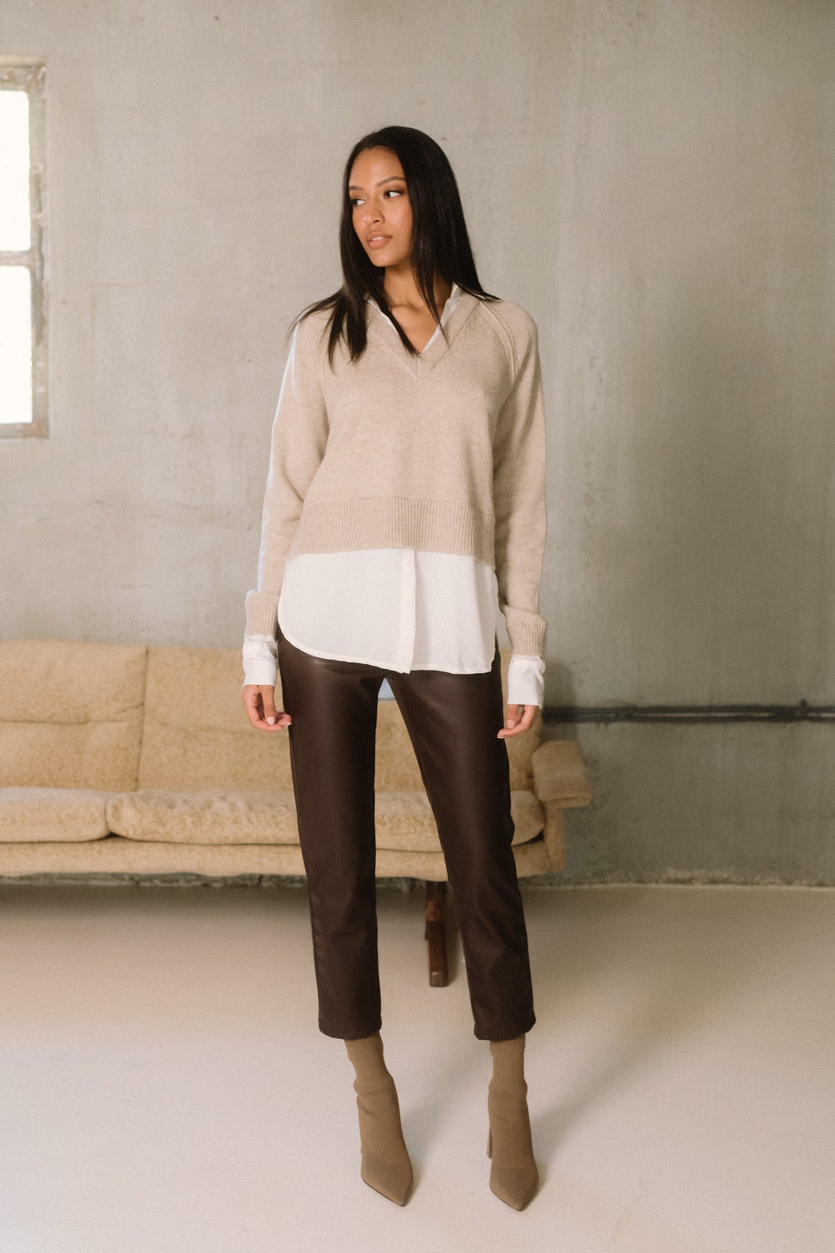 Two Fer Layered Collared Shirt Sweater Taupe
