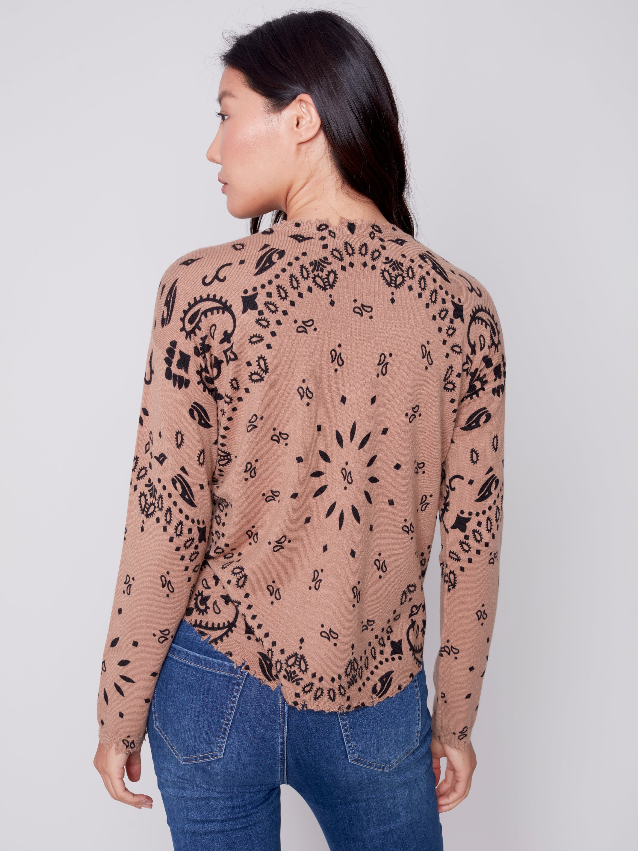 Frayed Edges Printed Sweater Truffle