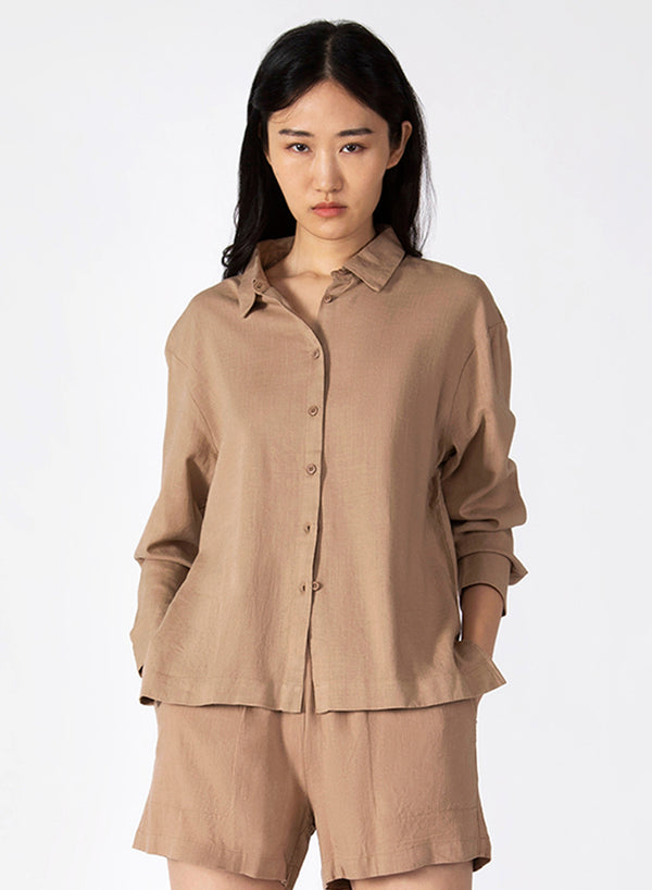 Woven Texture Button Down Shirt Soft Tan