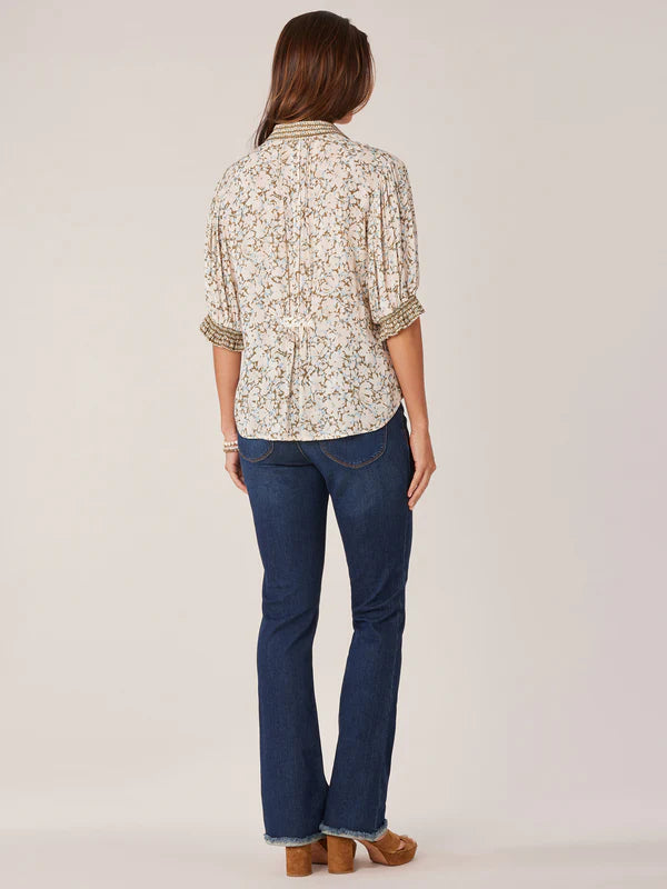 Elbow Sleeve Picot Trim Button Front Floral Blouse Macademia + Moss Green