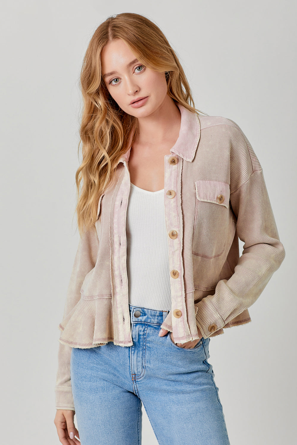 Washed Waffle Knit Ruffle Hem Cropped Jacket Light Rose