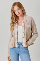 Washed Waffle Knit Ruffle Hem Cropped Jacket Light Rose
