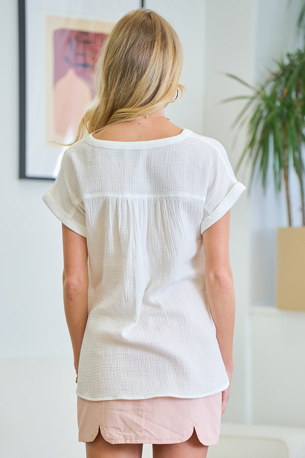 Rolled Sleeve Vneck Gauze Shirt
