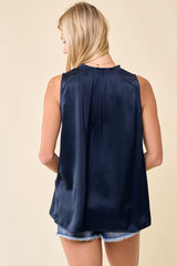 Ruffle Neck Sleeveless Textured Satin Top Navy