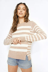 Round Neck Side Slit Stripe Sweater Tan Mix